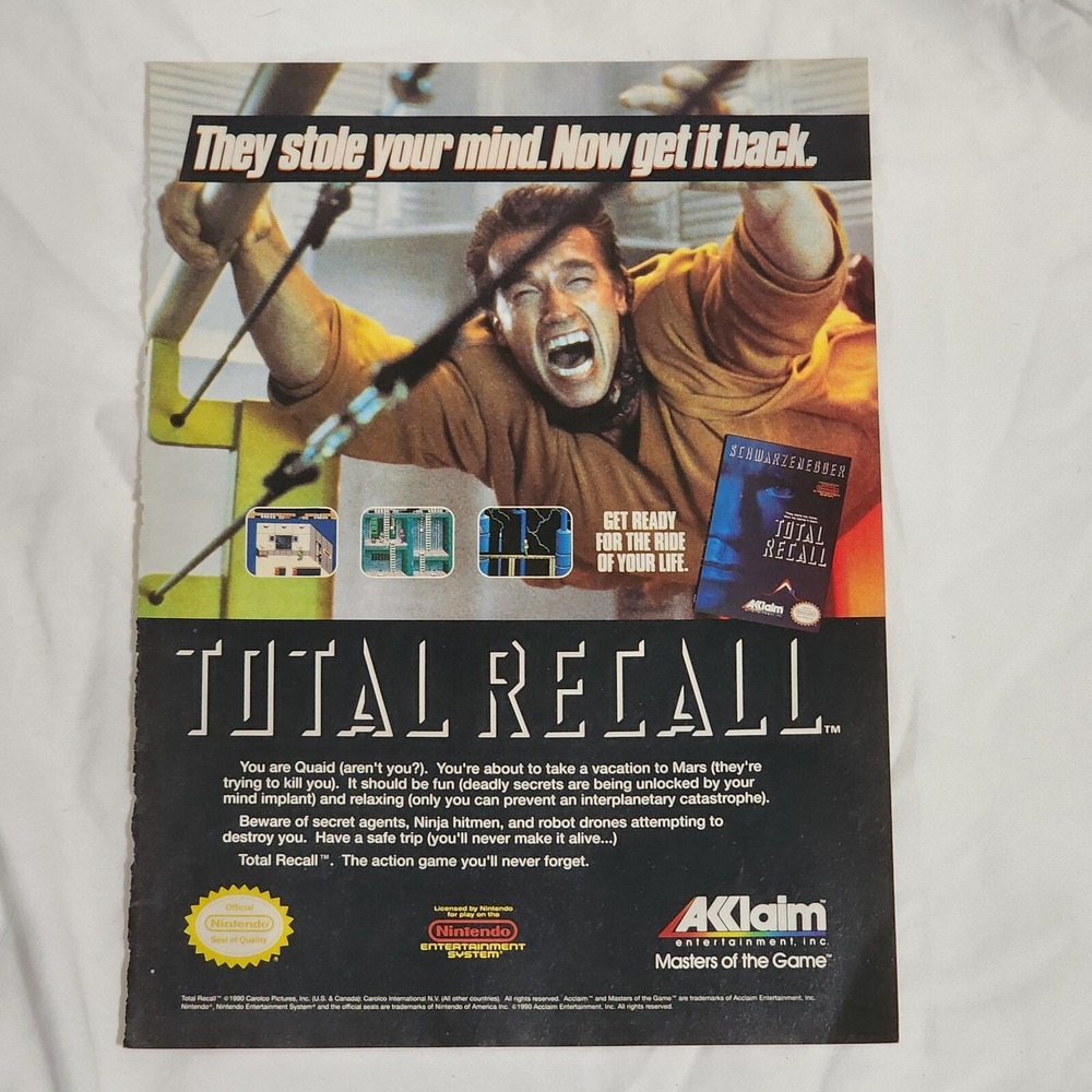Vintage Total Recall Arnold Schwarzenegger Acclaim Nintendo NES Print Ad 1990
